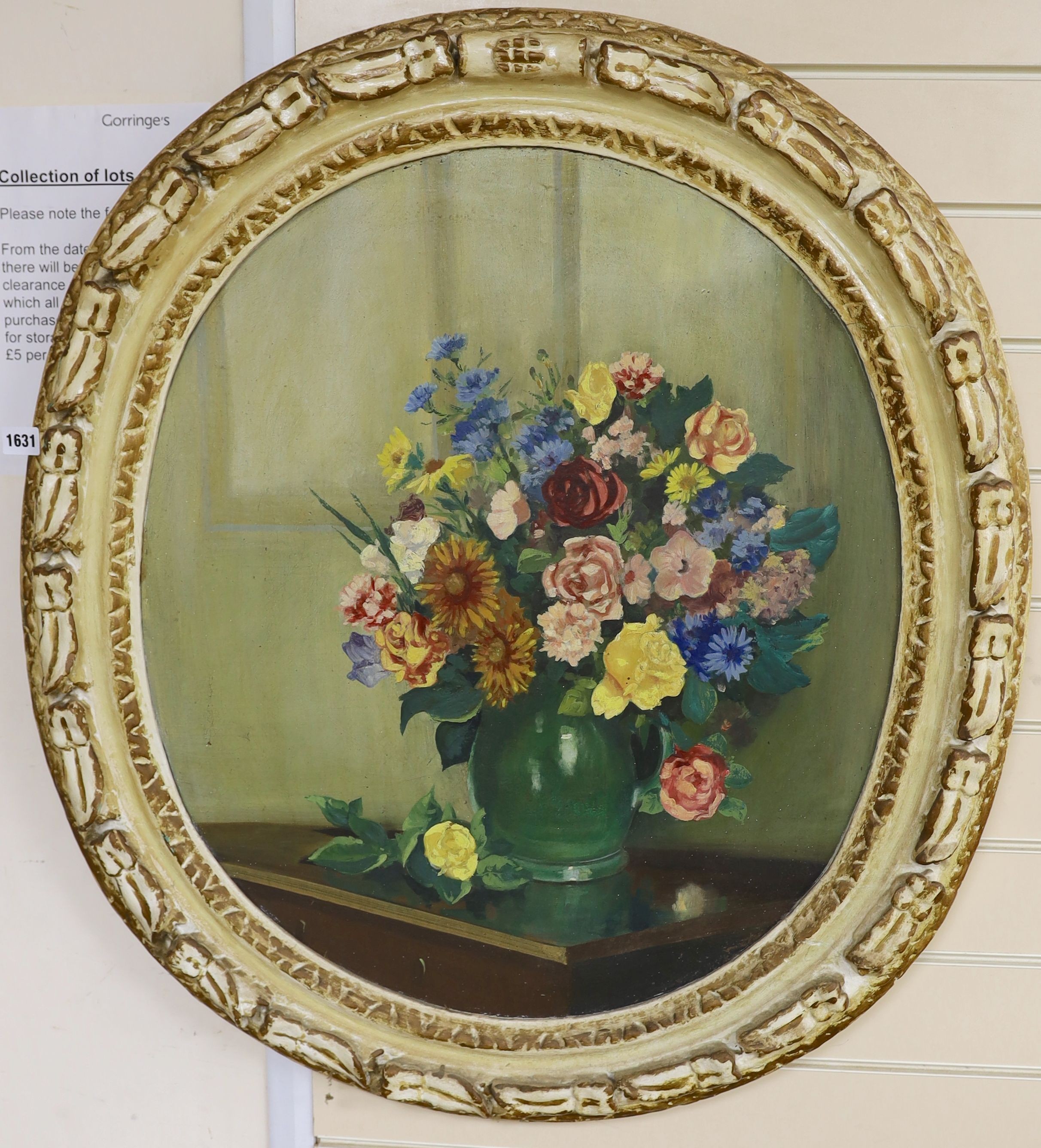 English School, oil on canvas, Still life of flowers in a green vase, oval, 70 x 60cm